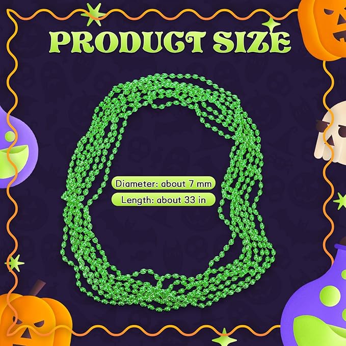 Riceshoot 200 Pcs Green Bead Necklace Bulk Mardi Gras Oval Beads Necklace Party Favors 33" 7mm Metallic Color Beaded Costume Necklaces for Halloween Christmas Festive Event Accessories