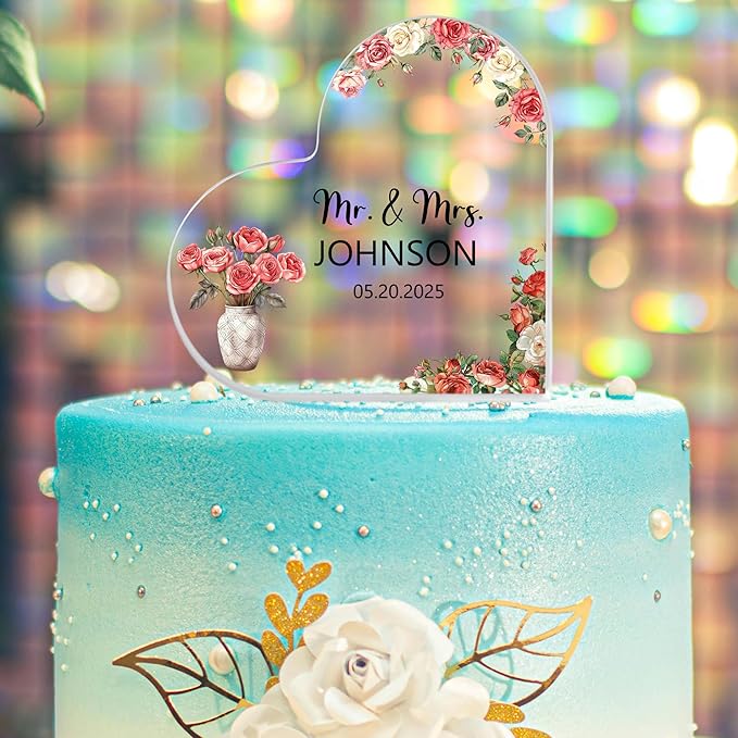 Custom Wedding Heart Acrylic Plaque,Mr & Mrs Cake Topper,Personalized Wedding Keepsake/Gift/Sign (Style 9)