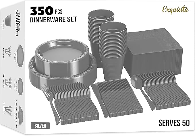 Party Solids 350 Pieces Silver Plastic Plates For Party, Silver Disposable Plates Set, 50 Of Each 9" Dinner Plate Set, 7" Dessert Plate, Cups, Napkins & Cutlery Plastic Dinnerware