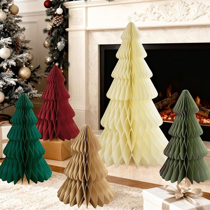 5Pcs Extra Large Christmas Table Decorations Paper Christmas Trees, Light Up Honeycomb Xmas Tree Centerpieces for Tables, Xmas Frozen Winter Wonderland Party Vintage Home Decor, 14/16/24 Inch