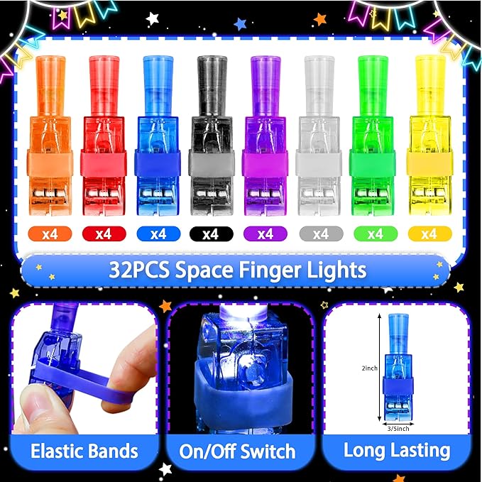 32 Pcs Finger Lights Space Theme Party Favors for Kids, Glow in the Dark Light Up Party Supplies Astronaut Toys Gifts Bulk for Boy Girl Birthday Goodie Bags Stuffers Back to School Classroom Prizes