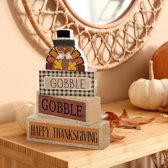 4 Pcs Thanksgiving Table Decorations Wooden Turkey Decor Thanksgiving Tiered Tray Decor Fall Centerpiece Rustic Wood Turkey Block Sign for Gobble Harvest Party Home Kitchen Decorations