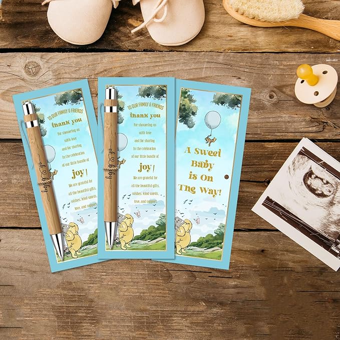 Toerifer Winnie Baby Shower Set, 30 Pcs Thank You Gifts, Bamboo Pens, Greeting Cards, Gender Reveal Souvenirs