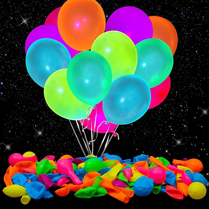 100 Pcs UV Neon Balloons, Blacklight Reactive Fluorescent Balloons 80s Theme Party Decorations Glow in the Dark for Birthday, Wedding, Neon Party, Glow Party Decorations Supplies