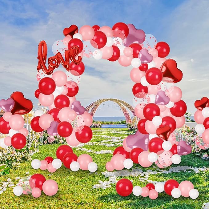 DR.DUDU 263 Pcs Valentines Day Balloon Arch Kit Decorations, Pink/White/Red Balloons Garland Decor with LOVE Heart Balloon Rose Petals for Galentines Day Party Birthday Wedding Proposal Anniversary