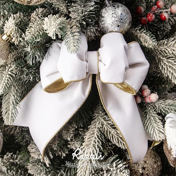 Ribbli White Velvet Wired Ribbon 4 Inch Luxury Matte Velvet Christmas Ribbon for Gift Wrapping Christmas Tree Decoration Crafts Wreaths Supplies - 10 Yards