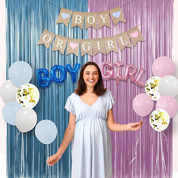 Baby Gender Reveal Party Decorations, 23 Pcs Boy or Girl Baby Shower Party Decoration including Pink Blue Balloons Boy or Girl Banner Fringe Curtains