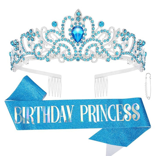 CIEHER Princess Crown and Sash Set, Blue Birthday Crown and Tiara for Girls and Women, Happy Birthday Accessories