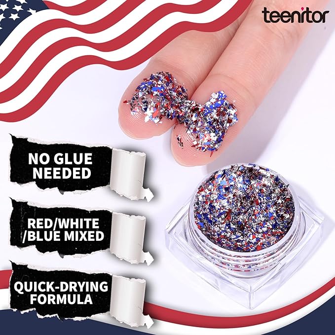 Teenitor Body Glitter Gel, 6 Shape Red White and Blue Face Glitter, 4th of July Accessories Hair Glitter for Kids, 4th of July Outfits USA Accessories for Women, Blue Face Glitter for Independence Day