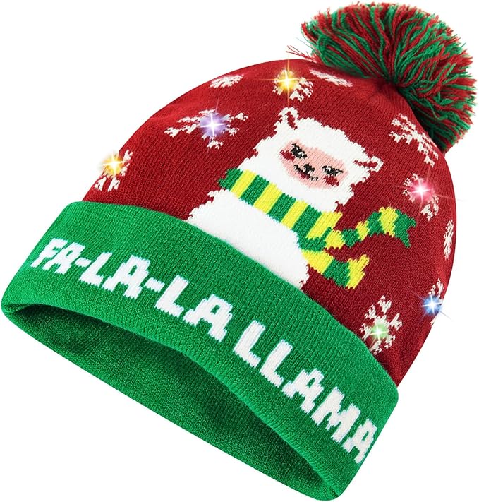 RAISEVERN Unisex Ugly LED Christmas Hat Novelty Colorful Light-up Stylish Knitted Sweater Xmas Party Beanie Cap(6 Lights)