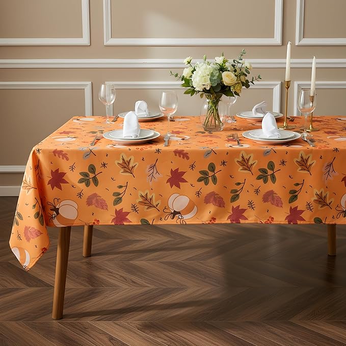 Thanksgiving Waterproof Tablecloth – Fall Harvest Pumpkins, Maple Leaves & Berries Print – Autumn Rectangle Table Cover for Dining or Party, Brown, W60 x L02 in