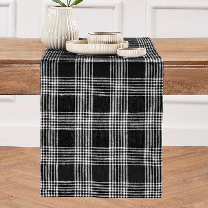 Solino Home Fall Plaid Table Runner 72 Inches Long - 100% Pure Linen Glen Check Black and White Table Runner 14 x 72 Inch for Dining, Dresser, Autumn, Thanksgiving