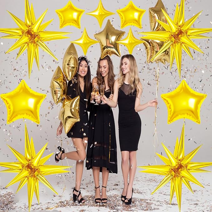22 Pcs Gold Star Balloons,22/18/10 Inch Star Foil Mylar Balloon,Spike Balloon and Four Pointed Balloons for Party Supplies Christmas Birthday Wedding Photo Booth (Gold)