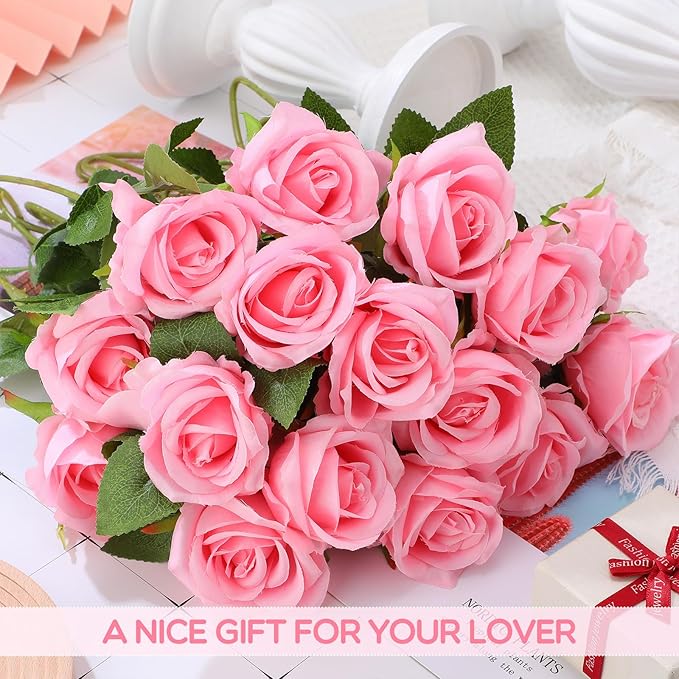 Hotop 80 Pcs Rose Artificial Flowers Bulk with Long Stem, Silk Roses Realistic Fake Flowers Bouquet for Wedding Table Centerpieces Bridal Shower Party Home Decorations(Pink)