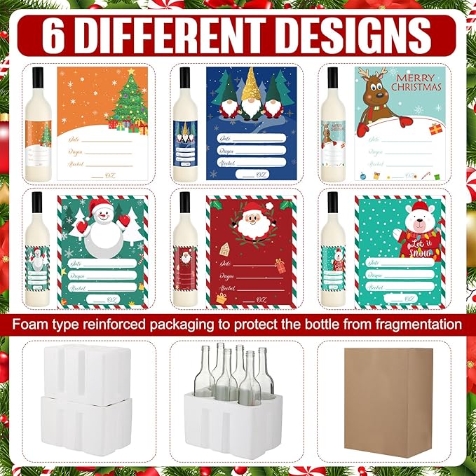 6 Set Coquito Bottles 25 oz Christmas Glass Bottles Brewing Bottles for Homemade Coquito with Christmas Writable Label Stickers Twine Wine Bottles with Airtight Cap for Home Party Milk Eggnog