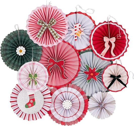Christmas Paper Fans, 11 Pcs Hanging Xmas Paper Decorations, Hanging Xmas Decorations in Green, Red and White Holiday Party Decorations