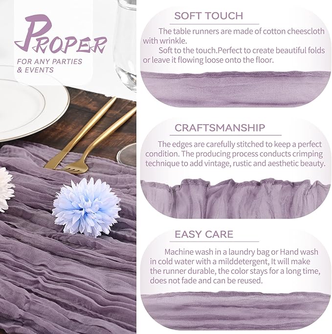10 Packs Cheesecloth Table Runner Grape,10Ft Rustic Gauze Boho Wedding Table Runner Decoration, Wedding Table Decor Table Cloth for Wedding Party Bridal Shower Table,35x120 inch
