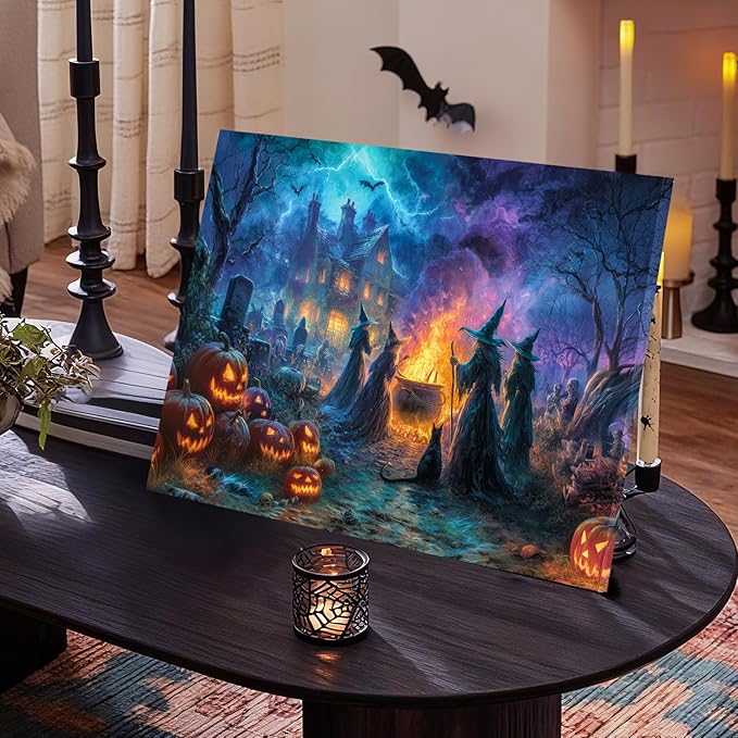 Halloween LED Wall Art 20x16 Inch-Haunted Home Gift, Lighted Canvas Decor with Pumpkin Haunted House Witch & Skull, Battery Powered with Timer, Spooky Indoor Decor for Halloween Party