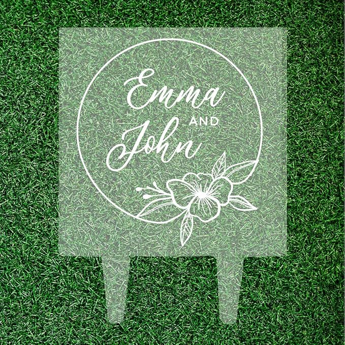 Andaz Press Tropical Flower Custom Wedding Cake Topper, Acrylic Square Personalized Couple Cake Topper