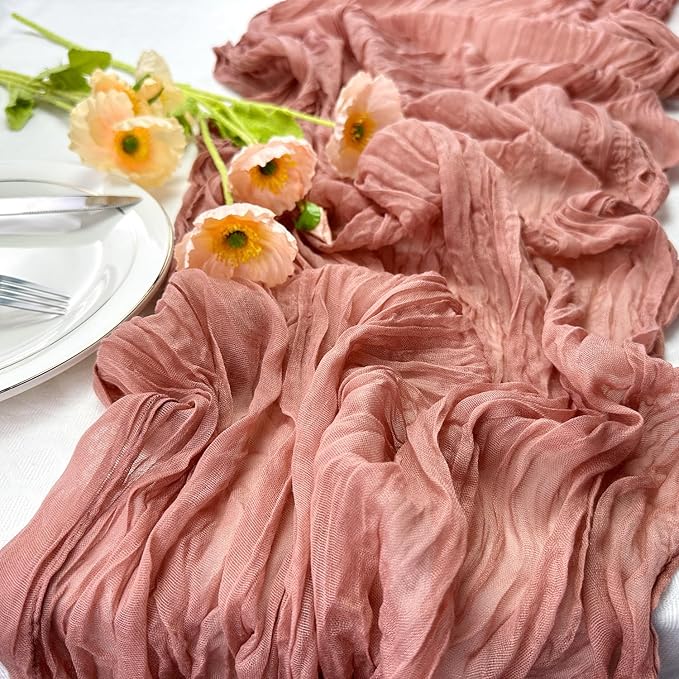 Booque Valley 3 Pack Dusty Blush Cheesecloth Table Runner 10ft Super Soft Boho Wrinkled Gauze Sheer Cloth for Baby Shower Baptism Birthday Party Wedding Centerpiece Table Decoration, 35x120 Inch