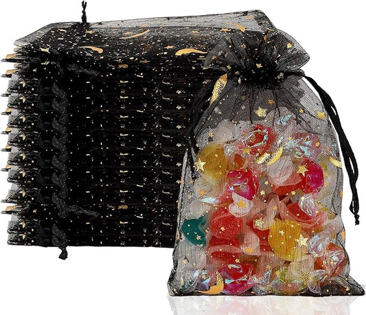 Moon Star Organza Bags 4x6 Small Mesh Bag Drawstring 50 Pcs Mesh Gift Bags Drawstring Pouch Wedding Favor Bags Jewelry Pouches Bulk Gift Pouch for Candy Soaps Birthday Festival Party Supplies, Black