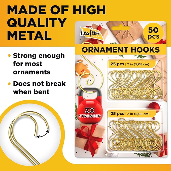 Leafeon 50 Pack S-Shaped Christmas Ornament Hooks for Christmas Tree Decoration – The Best Holiday S-Shaped Xmas Ornament Hangers (Gold)