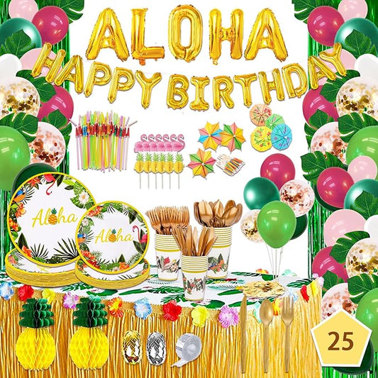323 Luau Party Decorations, Hawaiian Party Decorations Kit For Adults - "ALOHA"&"HAPPY BIRTHDAY" Banner, Balloons, Cake Topper, Straws, Table Skirt, Dinnerware Set For 25 Guests