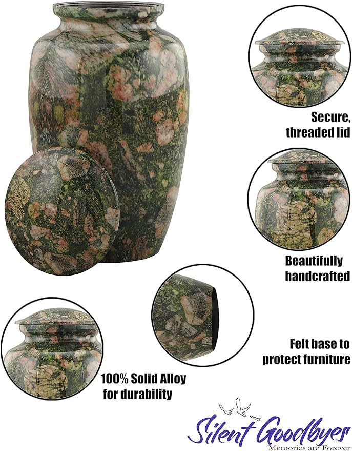 Large Cremation Urn | Handcrafted Marble Finish Adult Cremation Urn | Funeral and Memorial Cremation Urns for Human Ashes up to 200 lbs with Velvet Bag (Green Marinace)