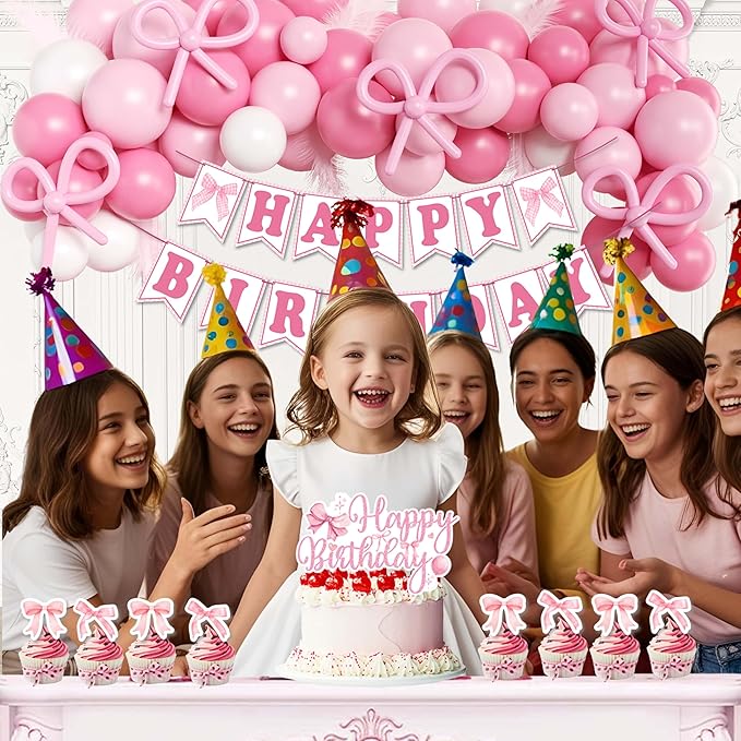 Pink Bow Birthday Party Decorations for women,Fringe Curtains Happy Birthday Banner,Pink balloons,Cake Toppers for girls