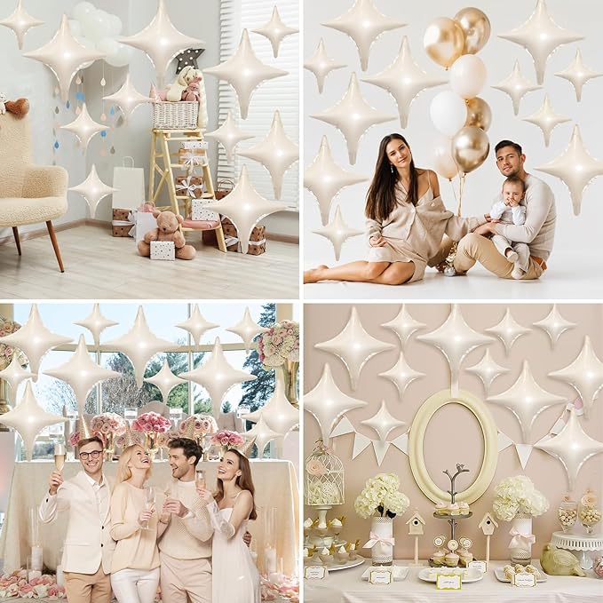 Cream White Star Balloons,12Pcs Four Angle Star Foil Balloons,26Inch and 10Inch Sand White Quadrangle Helium Balloon for Birthday Baby Shower Anniversary Party Decorations