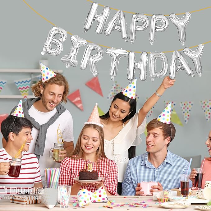 LIOZEOKUN Happy Birthday Balloon Letters 16 inch Mylar Foil Birthday Balloons Banner Sign for Birthday Party Decorations Supplies (Silver)