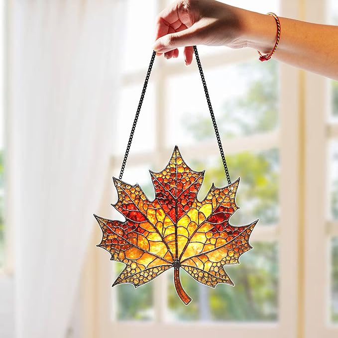 Maple Fall Leaves Suncatcher for Window Hanging, Fall Leaf Decorations, Autumn Leaf Acrylic Ornament, Thanksgiving, Halloween, Christmas, Birthday Gifts for Women, Nature Lovers, Home Decor