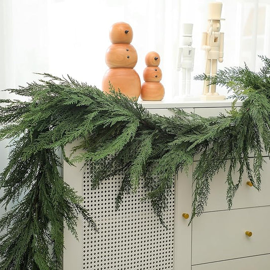 Jutom 1 PCS 9 ft Christmas Cedar Garland - Green Artificial Realistic Cedar Garland Faux Decoration for Table, Mantel, Wall Winter Holiday Party