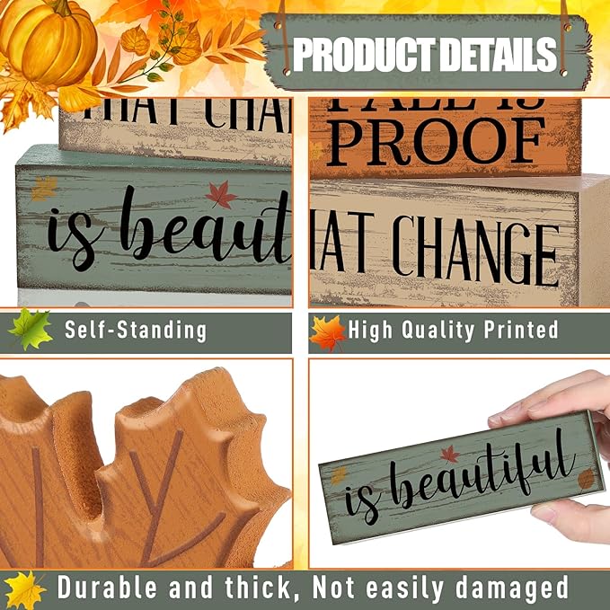 4 Pcs Thanksgiving Decoration for Home Wooden Maple Leaf Thanksgiving Table Centerpiece Fall Tiered Tray Decor Rustic Decorative Maple Leaf Block Signs Farmhouse Fall Decoration for Home