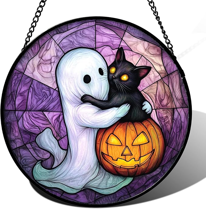 Stained Glass Window Hanging - Halloween Decorations Ghost Black Cat Pumpkin Suncatcher for Door Garden Spooky Purple Sun Catchers Gothic Decor Horror Gifts for Women Men Friend Boy 7.8 in