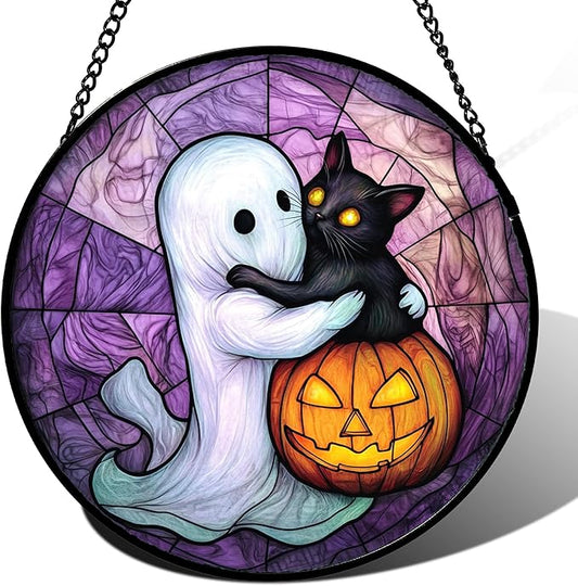 Stained Glass Window Hanging - Halloween Decorations Ghost Black Cat Pumpkin Suncatcher for Door Garden Spooky Purple Sun Catchers Gothic Decor Horror Gifts for Women Men Friend Boy 15 in