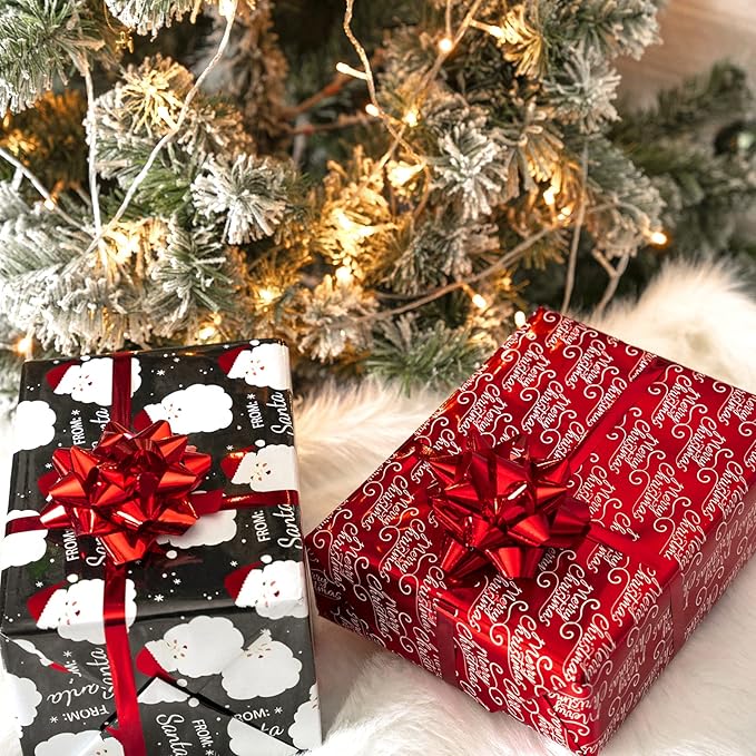 WRAPAHOLIC Christmas Wrapping Paper Set - Black Red Santa and Snowflake Holiday Collection with Metallic Foil Shine Wrapping Paper Bundle with Gift Bow & Ribbon & Tag & Sticker