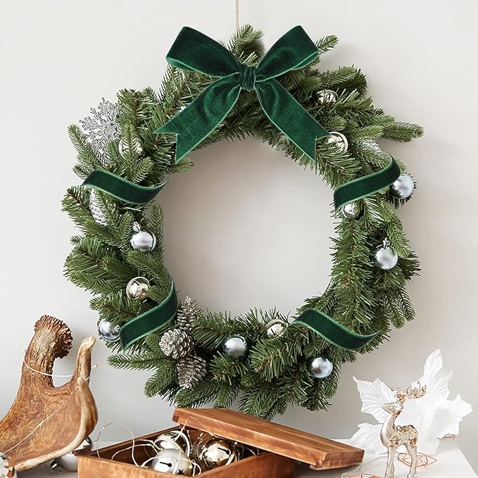 Yilloog 3/8'' 5/8'' 1'' 90 Yards Christmas Velvet Ribbon Vintage Satin Fabric Velvet Ribbon Roll for Christmas Tree Ornaments Decoration Gift Wrapping Bow DIY Crafts (Green)