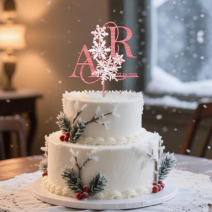 Customized Winter Wedding Cake Topper in Wood Personalized Bride & Groom's Initials and Wedding Date Cake Decoration with Snowflake