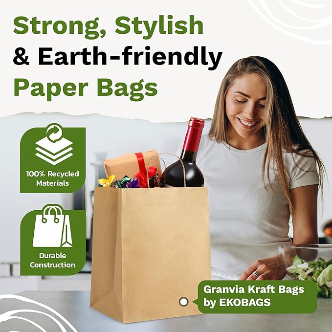 5.000 PACK | EKOBAGS Granvia | 10x7x12 inches | Kraft Paper Gift Bags with Handles | 115 GSM Brown Paper Bags for Small Business, Shopping & Party Favors | Recyclable | Holds up to 13.8L/8 lbs.
