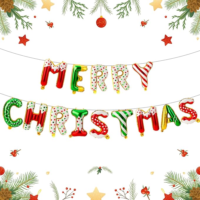 16 Inch Merry Christmas Balloons 14 PCS Red and Green Balloons Banner Candy Cane Gingerbread Xmas Letter Aluminum Mylar Foil Balloon Decorations Backdrop Hanging Party Favors Supplies Indoor Outdoor