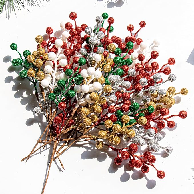VioletEverGarden 32 Pack Glitter Christmas Picks 6.5 Inch Christmas Berry Stems Mixed Colors Artificial Berry Stems for Holiday Xmas Tree Home Decorations