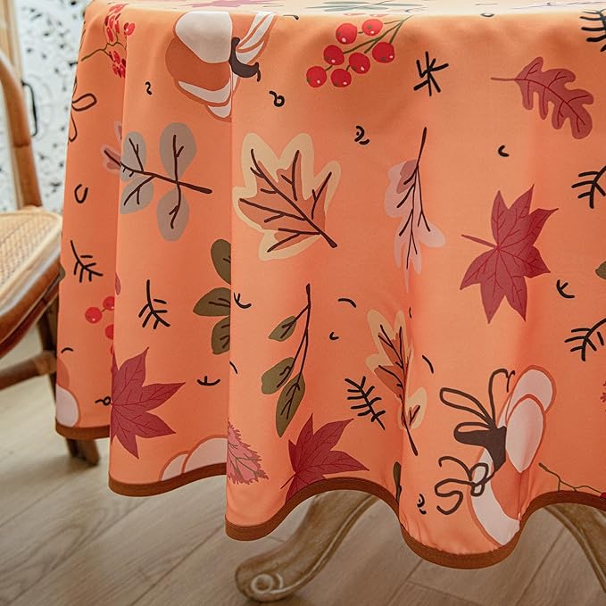 Thanksgiving Waterproof Tablecloth – Fall Harvest Pumpkins, Maple Leaves & Berries Print – Autumn Rectangle Table Cover for Dining or Party, Brown, 60" Round