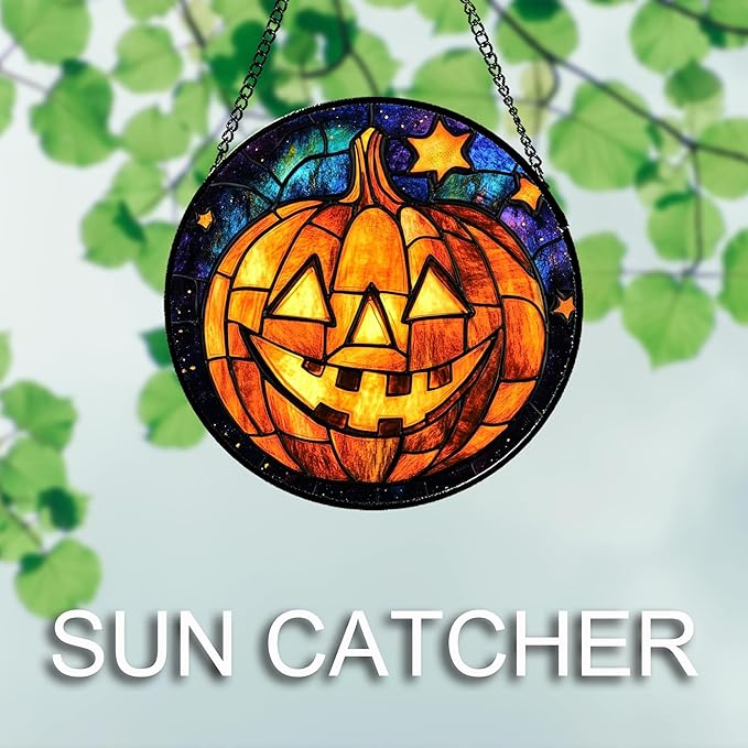 Stained Glass Window Hanging Halloween Horror Golden Pumpkin 7.8" - Suncatcher Door Garden Sunroom Gothic Style Sun Catcher Birthday for Friend Mom Men Woman Nana