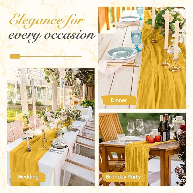 Cheesecloth Table Runner 3 Pack – 35x120 Inch (10ft) Boho Rustic Gauze Cloth Runners – Crinkle Polyester Table Decor for Wedding, Baby Shower, Bridal Shower, Birthday Party and More (Gold Yellow)