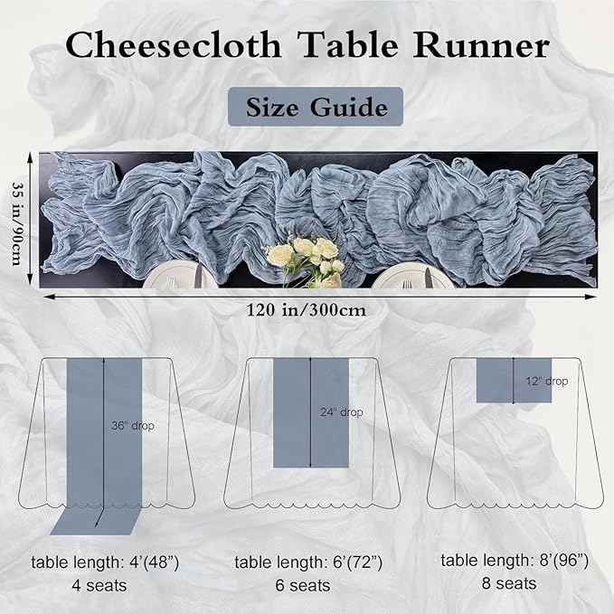 Booque Valley Dusty Blue Cheesecloth Table Runner 10ft Super Soft Boho Wrinkled Gauze Sheer Cloth for Baby Shower Baptism Birthday Party Wedding Centerpiece Table Decoration, 35x120 Inch