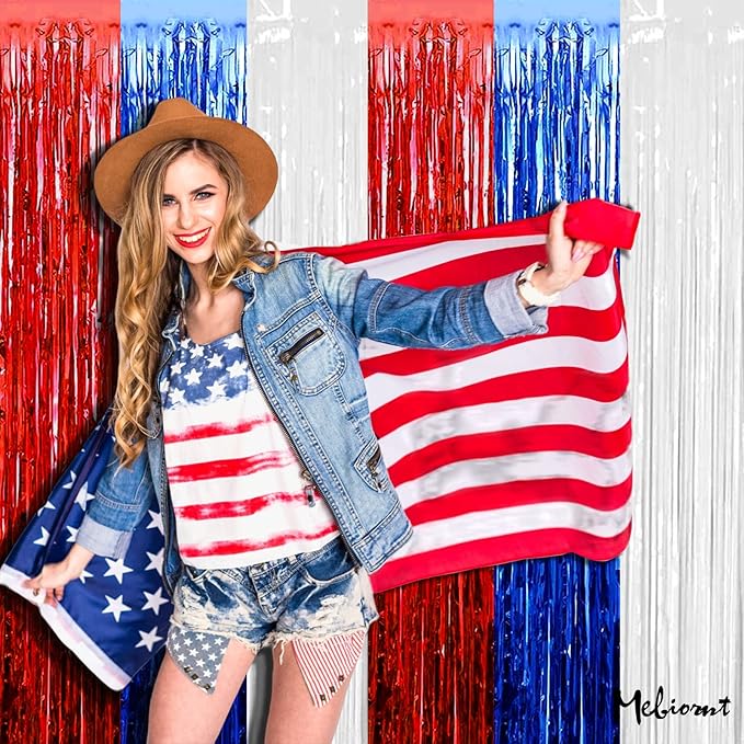 4 Pack 3.2Ft x 9.8Ft Independence Day Fringe Curtain Backdrop, Red Blue White Metallic Tinsel Foil Fringe Streamers Curtains Background for Photo Booth Birthday Wedding Carnival Party Decorations