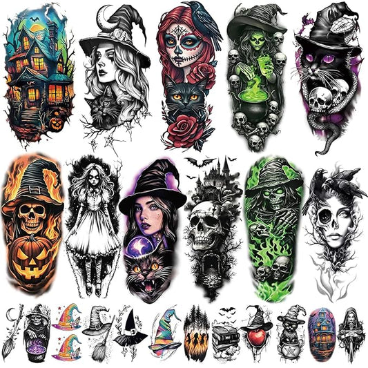 77 Sheets Witch Temporary Tattoos Women Men Adults, Skeleton Death Skull Pointed Black Hats Brooms Cauldrons Black Cats Half Arm Halloween Fake Tattoo, Bat Scary Tattoos for Halloween Costume