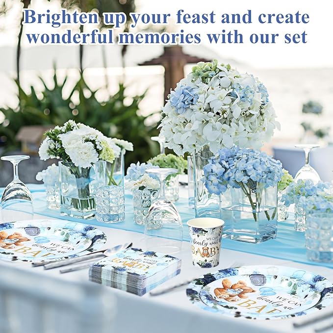 250 Pcs We Can Bearly Wait Baby Shower Party Decorations Blue Paper Plates Napkins and Cups Bear Boy Party Tableware Set for Spring Baby Shower Gender Reveal Supplies, Serves 50