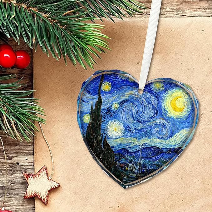 Starry Night Heart Christmas Ornaments, Crystal Glass Art Ornament for Tree, Elegant Artist Ornament Gift with Gift Box, Romantic Heart Ornaments for Christmas Tree Decoration
